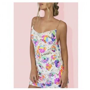 Floral Sequin Mini Dress XL Gold Chain Straps Pink Multi NWOT